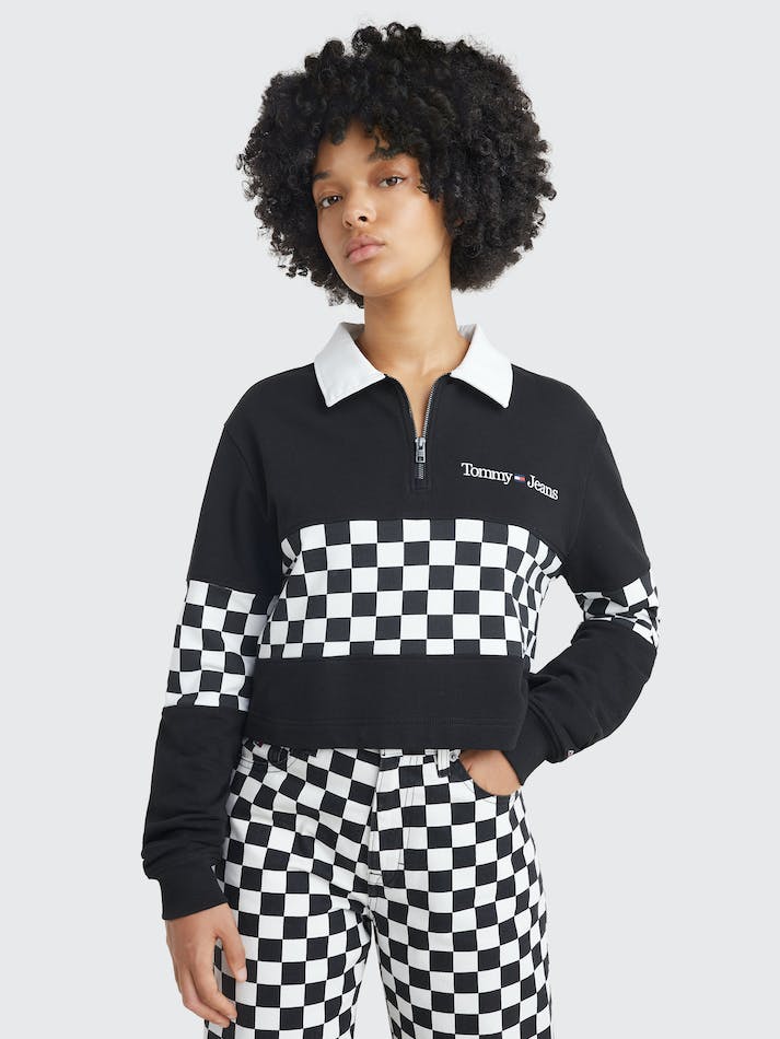 Tommy Jeans Checkerboard Cropped Cotton Long Sleeve Women's Polo Shirts Black / Multicolor | OVQTe0IdZHOE