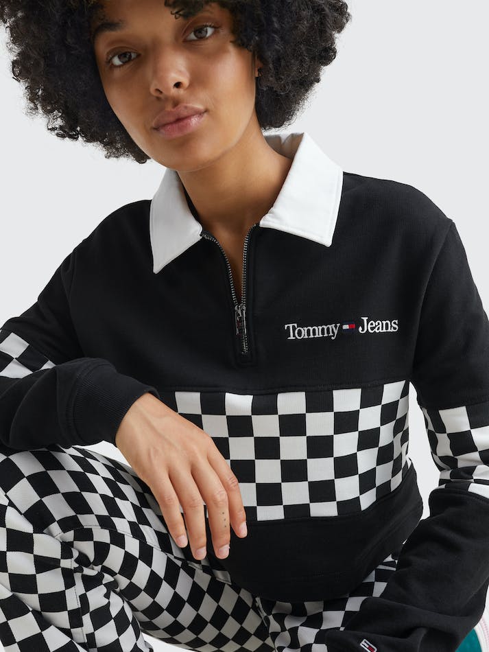 Tommy Jeans Checkerboard Cropped Cotton Long Sleeve Women's Polo Shirts Black / Multicolor | OVQTe0IdZHOE