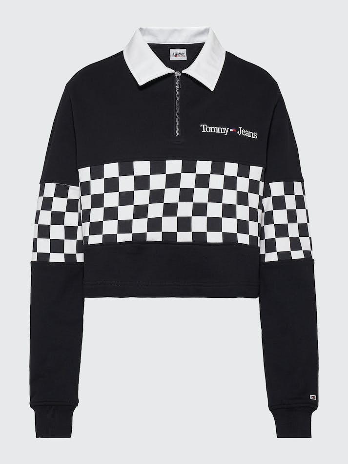 Tommy Jeans Checkerboard Cropped Cotton Long Sleeve Women's Polo Shirts Black / Multicolor | OVQTe0IdZHOE