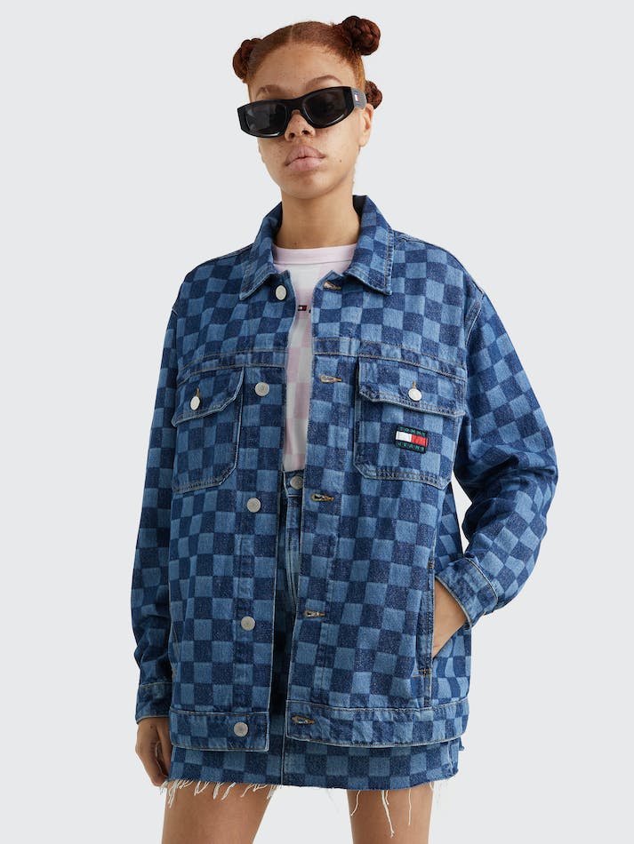 Tommy Jeans Checkerboard Oversized Denim Trucker Women's Jackets Blue | F1tZpdDiBJcK