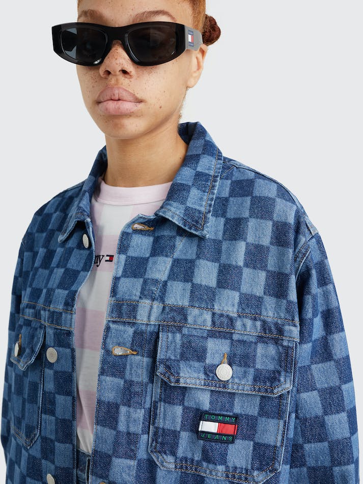 Tommy Jeans Checkerboard Oversized Denim Trucker Women's Jackets Blue | F1tZpdDiBJcK