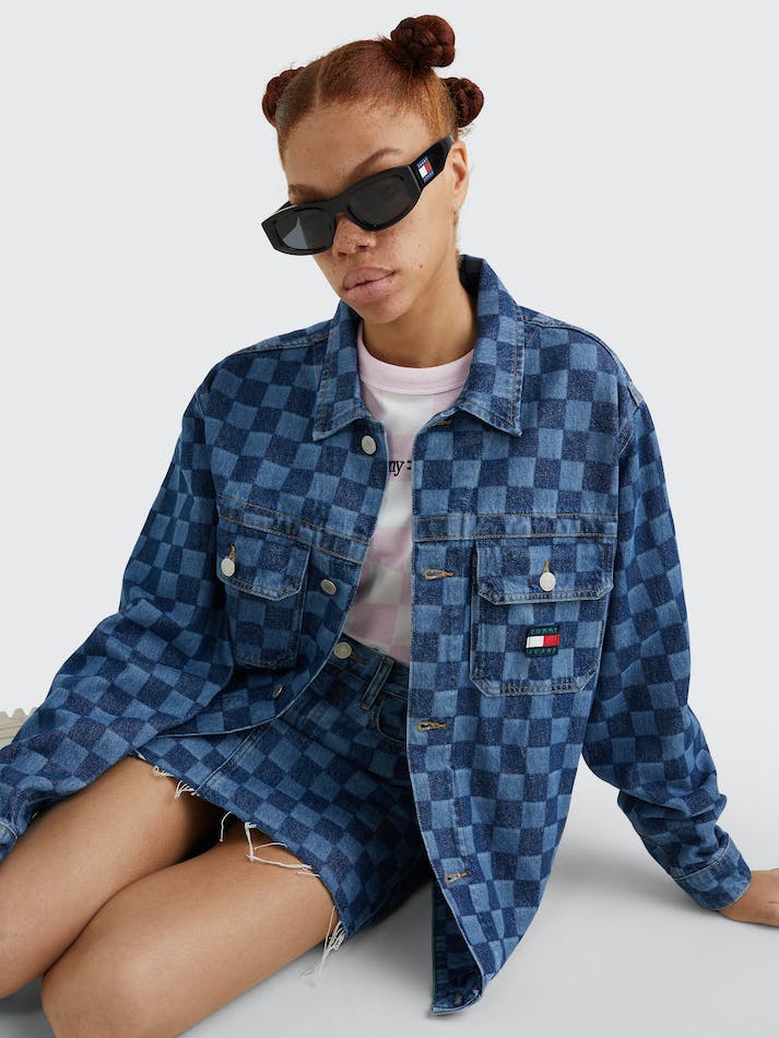 Tommy Jeans Checkerboard Oversized Denim Trucker Women's Jackets Blue | F1tZpdDiBJcK