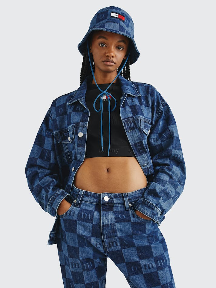 Tommy Jeans Checkerboard Recycled Denim Trucker Unisex Jackets Indigo Blue Grey | tjz4dunDGzE8