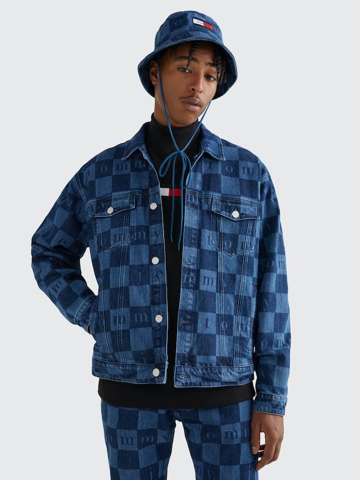 Tommy Jeans Checkerboard Recycled Denim Trucker Unisex Jackets Indigo Blue Grey | tjz4dunDGzE8