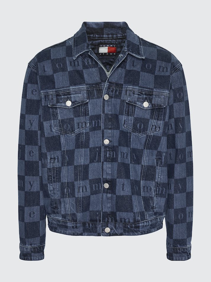 Tommy Jeans Checkerboard Recycled Denim Trucker Unisex Jackets Indigo Blue Grey | tjz4dunDGzE8