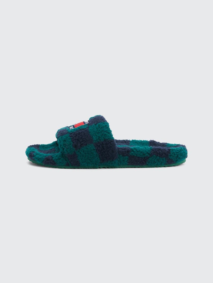 Tommy Hilfiger Checkerboard Sherpa Slipper Men's Slides Dark Green | gxfCaBHRCCH4