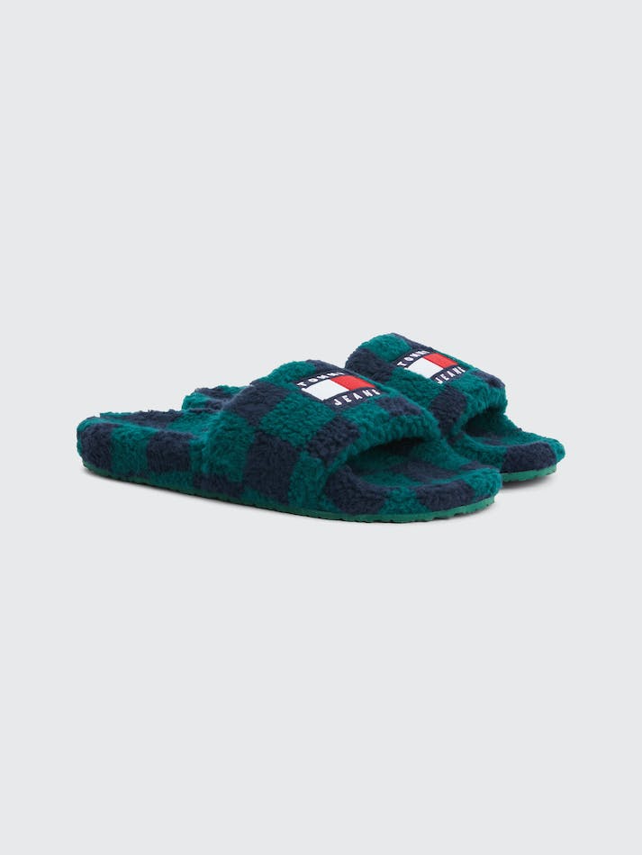 Tommy Hilfiger Checkerboard Sherpa Slipper Men\'s Slides Dark Green | gxfCaBHRCCH4