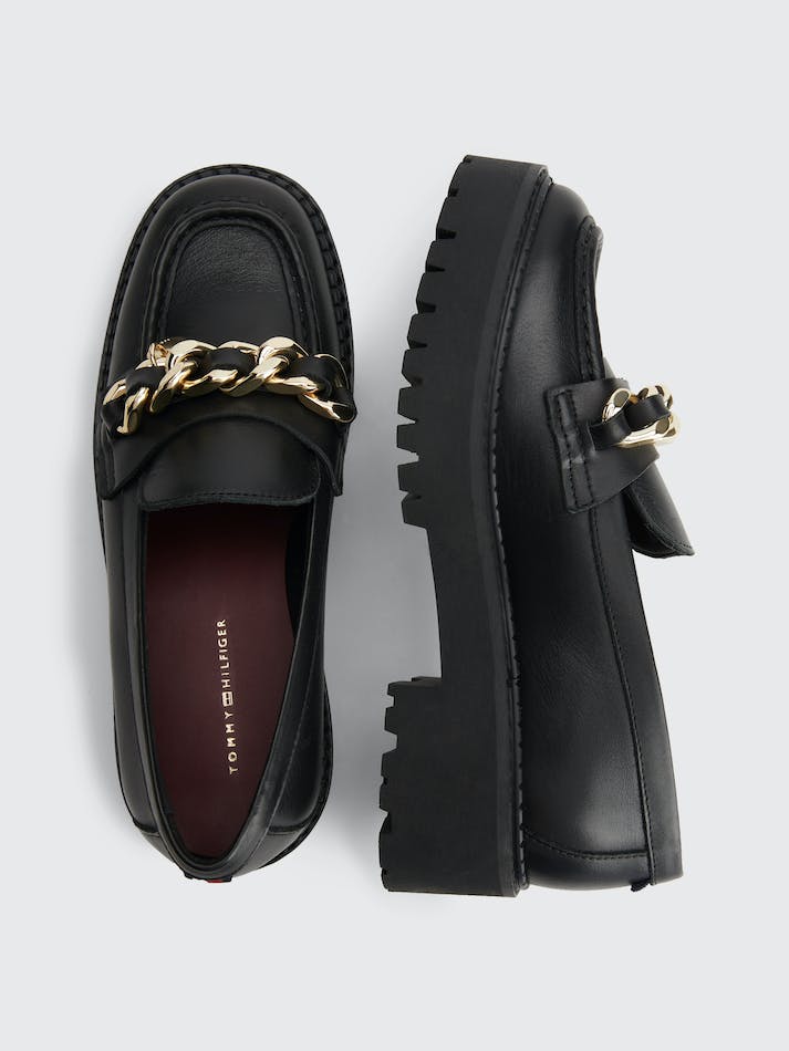 Tommy Hilfiger Chunky Sole Chain Detail Leather Women's Loafers Black | o47ip2mRmbF9