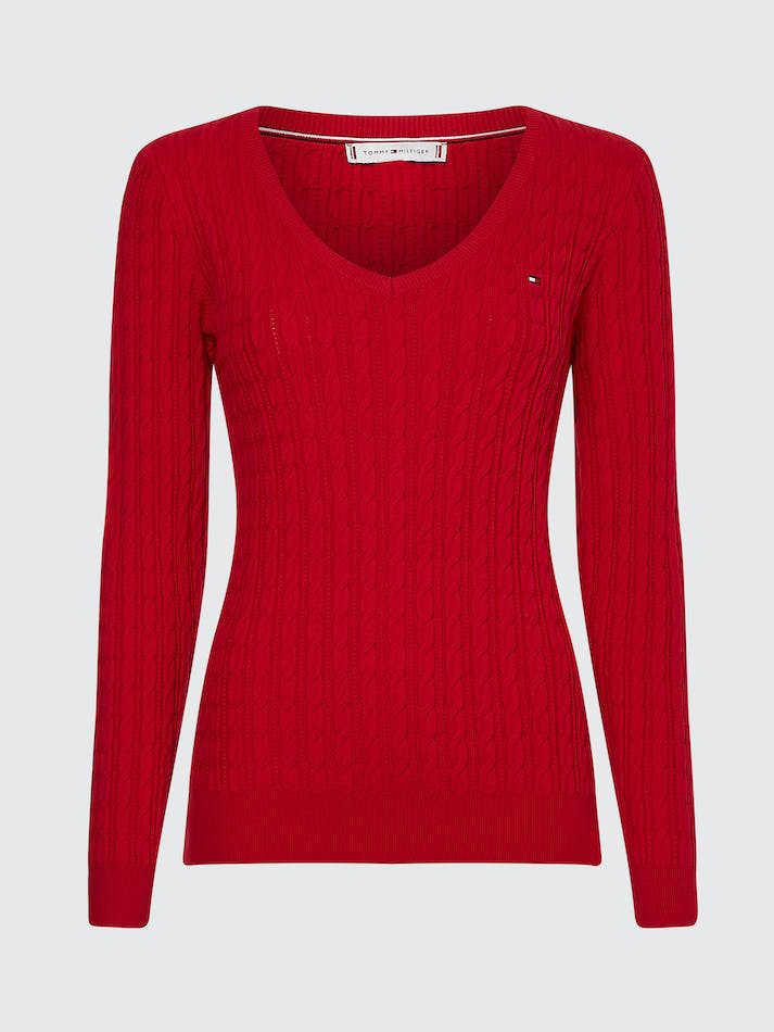 Tommy Hilfiger Classic Cable V Neck Women's Sweater Dark Red | 3HPouldQIL3K