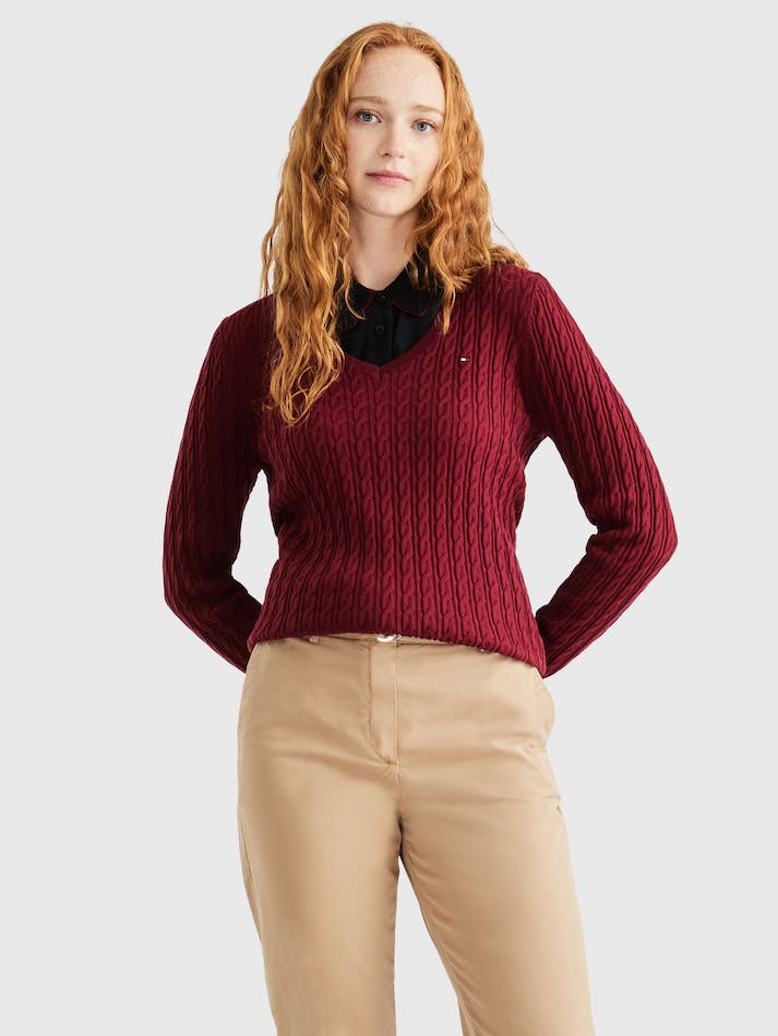 Tommy Hilfiger Classic Cable V Neck Women\'s Sweater Dark Red | 3HPouldQIL3K