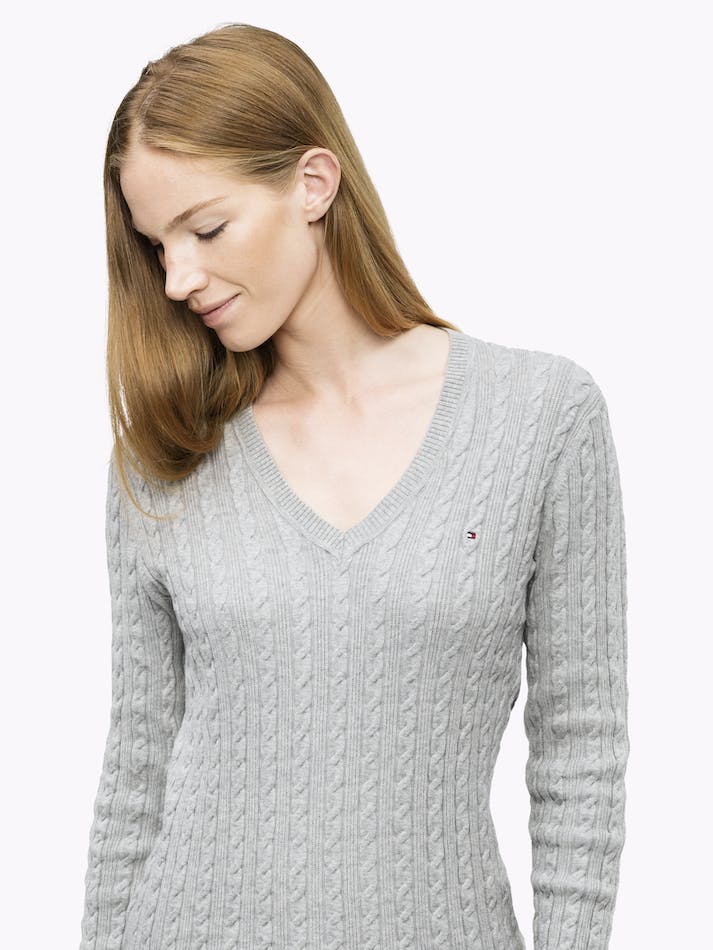 Tommy Hilfiger Classic Cable V Neck Women's Sweater Light Grey | AijfsVGpRPmK