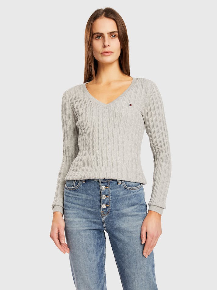 Tommy Hilfiger Classic Cable V Neck Women's Sweater Light Grey | AijfsVGpRPmK