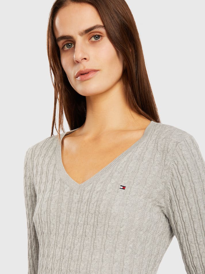 Tommy Hilfiger Classic Cable V Neck Women's Sweater Light Grey | AijfsVGpRPmK