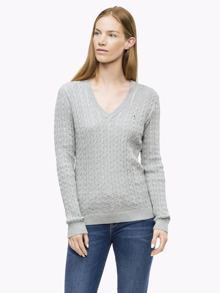 Tommy Hilfiger Classic Cable V Neck Women\'s Sweater Light Grey | AijfsVGpRPmK