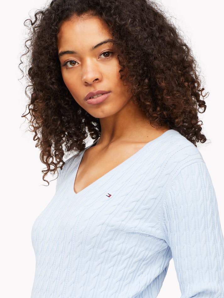 Tommy Hilfiger Classic Cable V Neck Women's Sweater Blue | GN4dBfjmyova