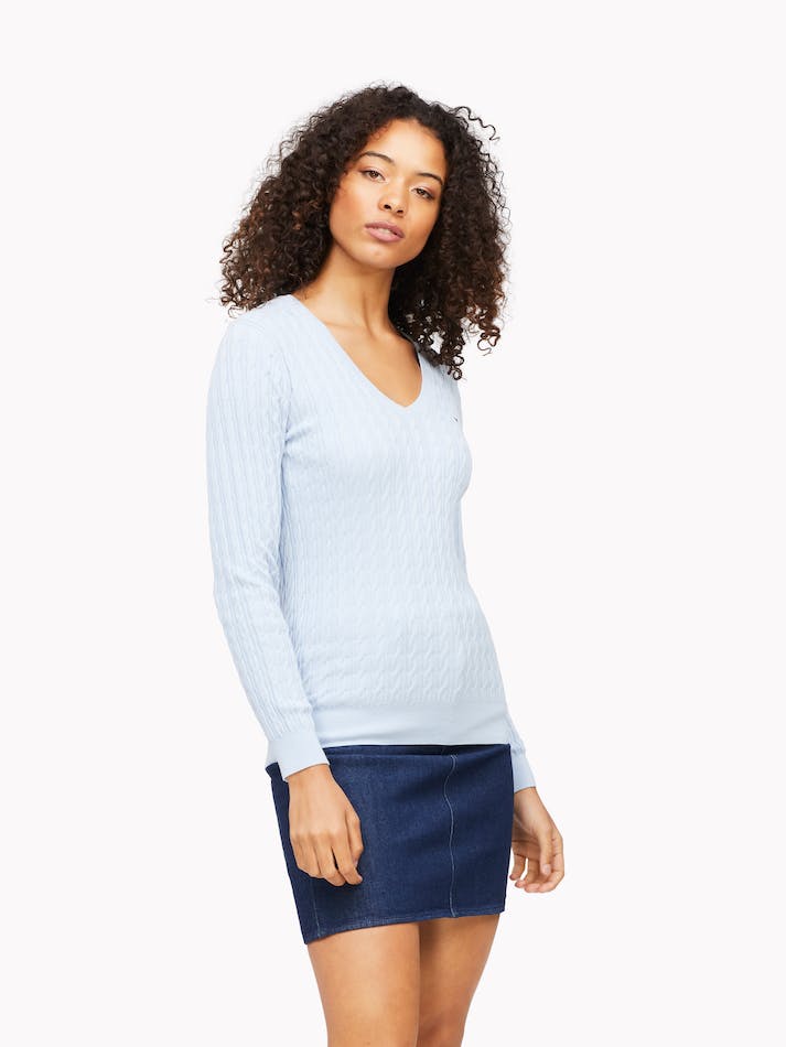 Tommy Hilfiger Classic Cable V Neck Women\'s Sweater Blue | GN4dBfjmyova