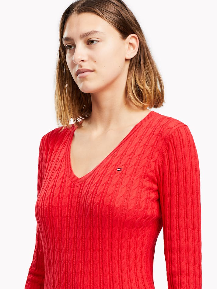 Tommy Hilfiger Classic Cable V Neck Women's Sweater Red | MoxbVuxafdJW