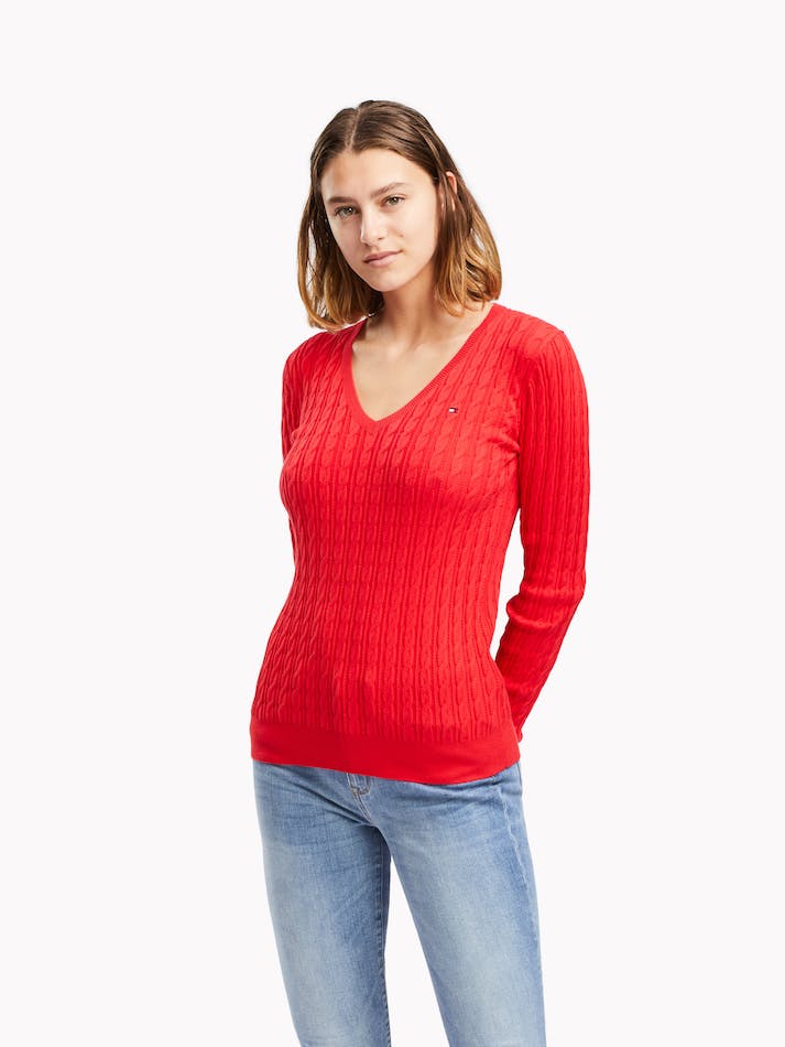 Tommy Hilfiger Classic Cable V Neck Women\'s Sweater Red | MoxbVuxafdJW