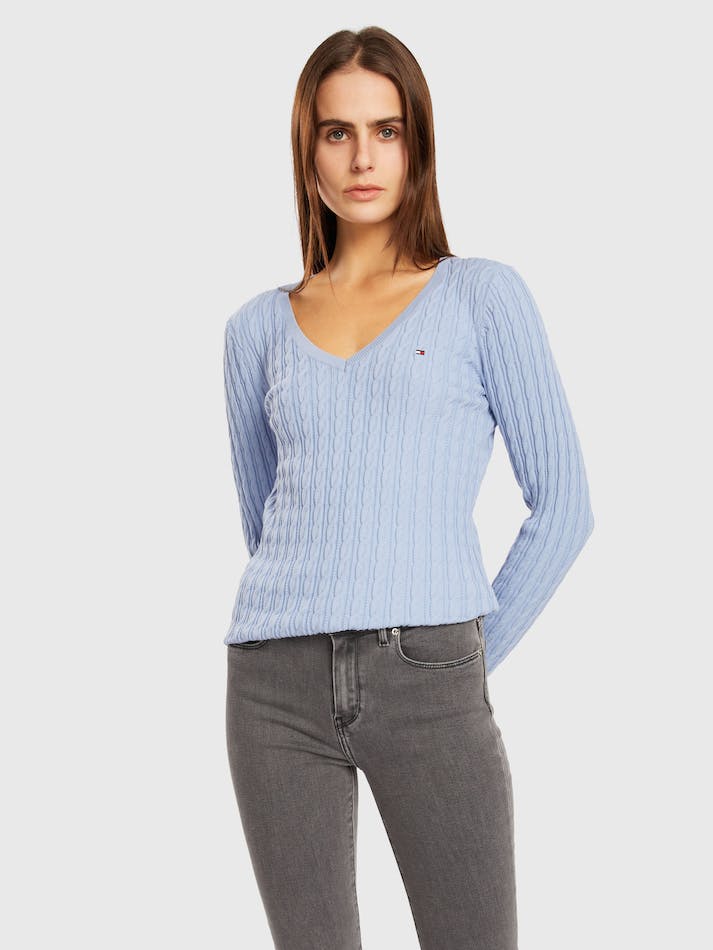 Tommy Hilfiger Classic Cable V Neck Women\'s Sweater Blue | TgxK2C9fZNlJ