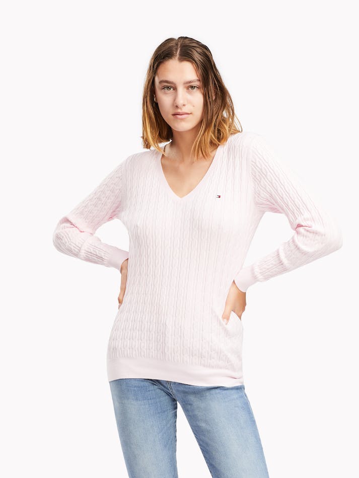 Tommy Hilfiger Classic Cable V Neck Women\'s Sweater Pink | WUUWdok8xaox