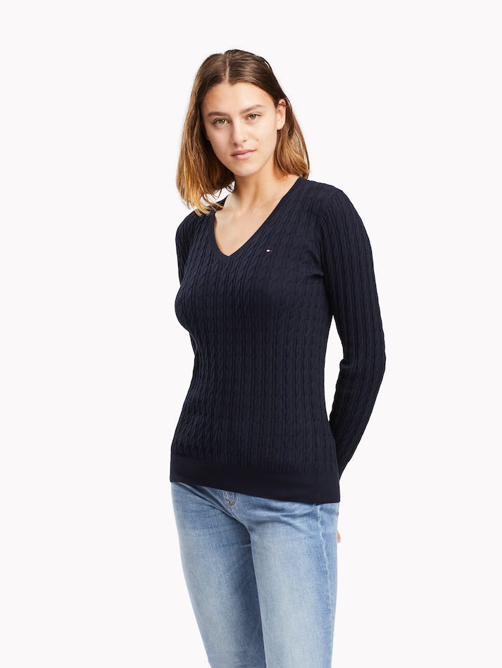 Tommy Hilfiger Classic Cable V Neck Women\'s Sweater Blue | oyFIAyv5ooGI