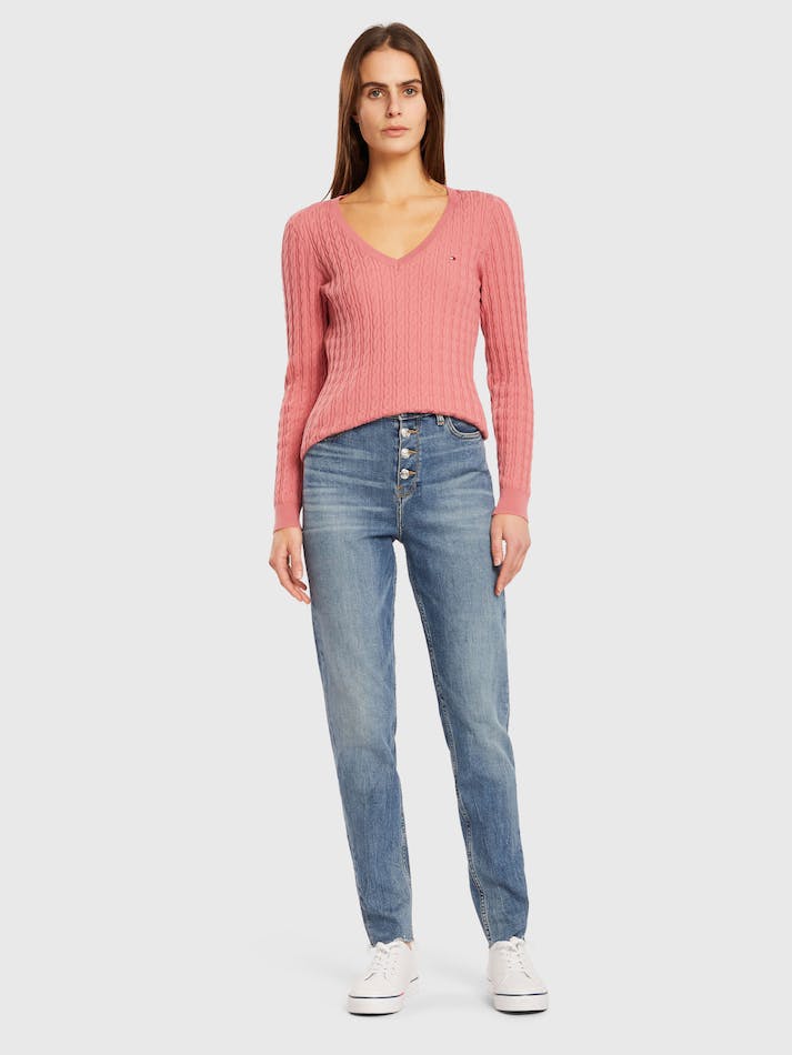 Tommy Hilfiger Classic Cable V Neck Women's Sweater Pink | tO8scXrHSUOw