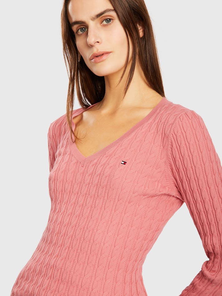 Tommy Hilfiger Classic Cable V Neck Women's Sweater Pink | tO8scXrHSUOw