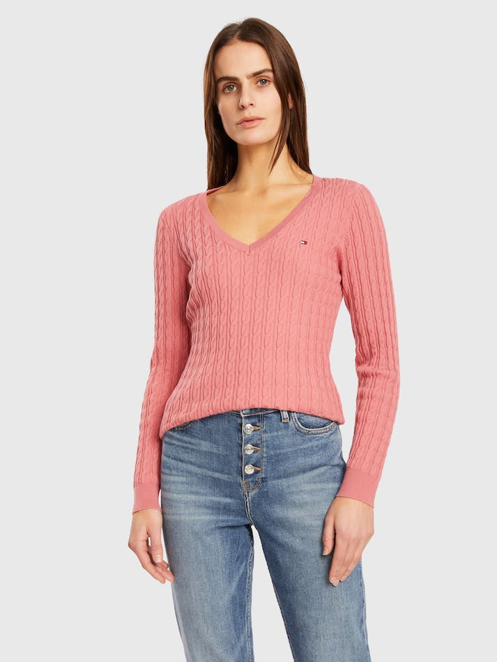 Tommy Hilfiger Classic Cable V Neck Women\'s Sweater Pink | tO8scXrHSUOw