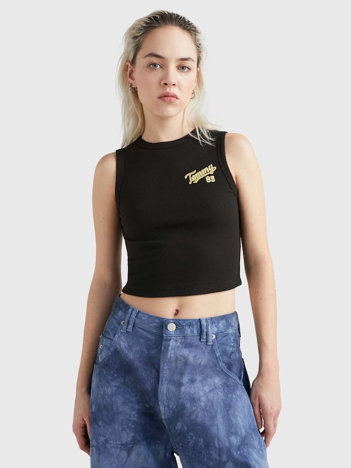 Tommy Jeans College Crop Tank Women's T Shirts Black | GTDo71XhNkKL