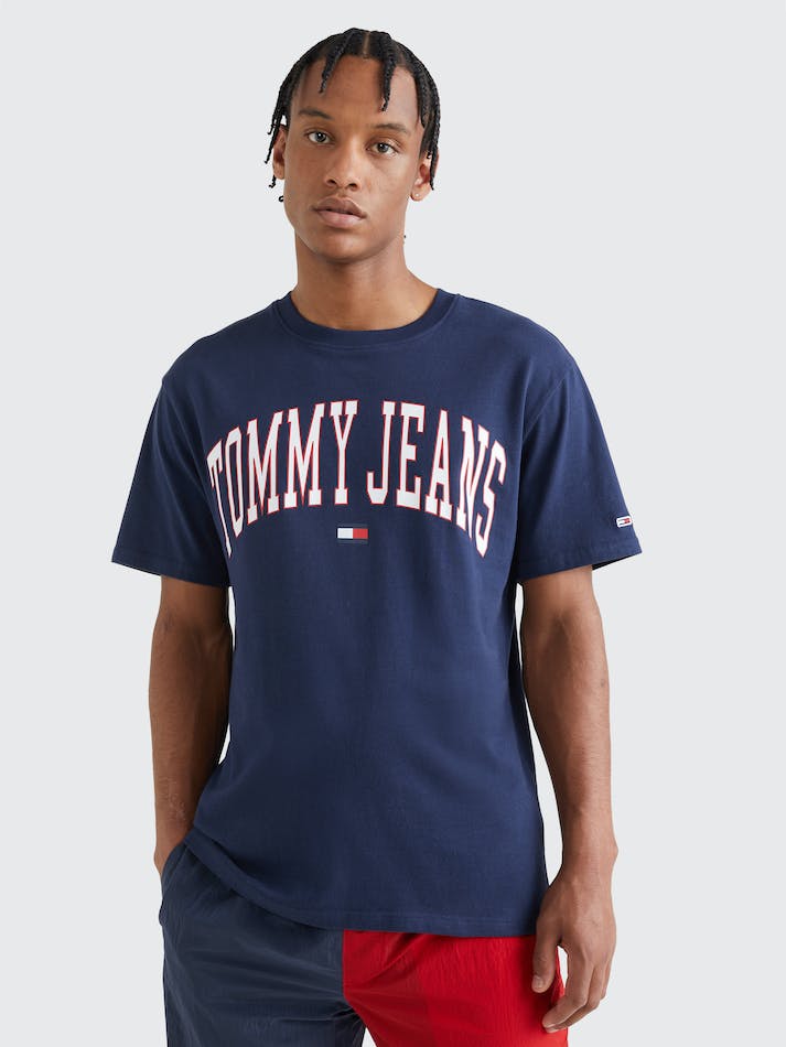 Tommy Jeans College Logo Men's T Shirts Navy | VUzuWtXJiUMa