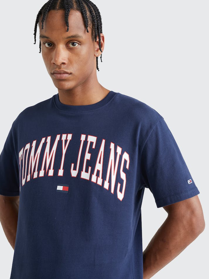 Tommy Jeans College Logo Men's T Shirts Navy | VUzuWtXJiUMa