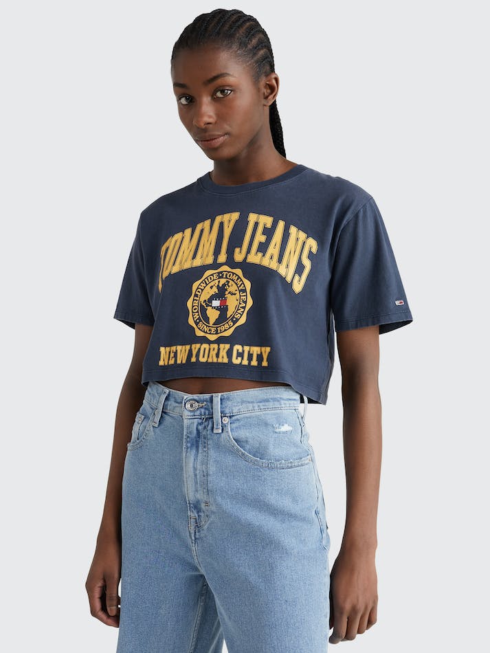 Tommy Jeans College Super Cropped Logo Women's T Shirts Navy | zsgoLU9BbQF0