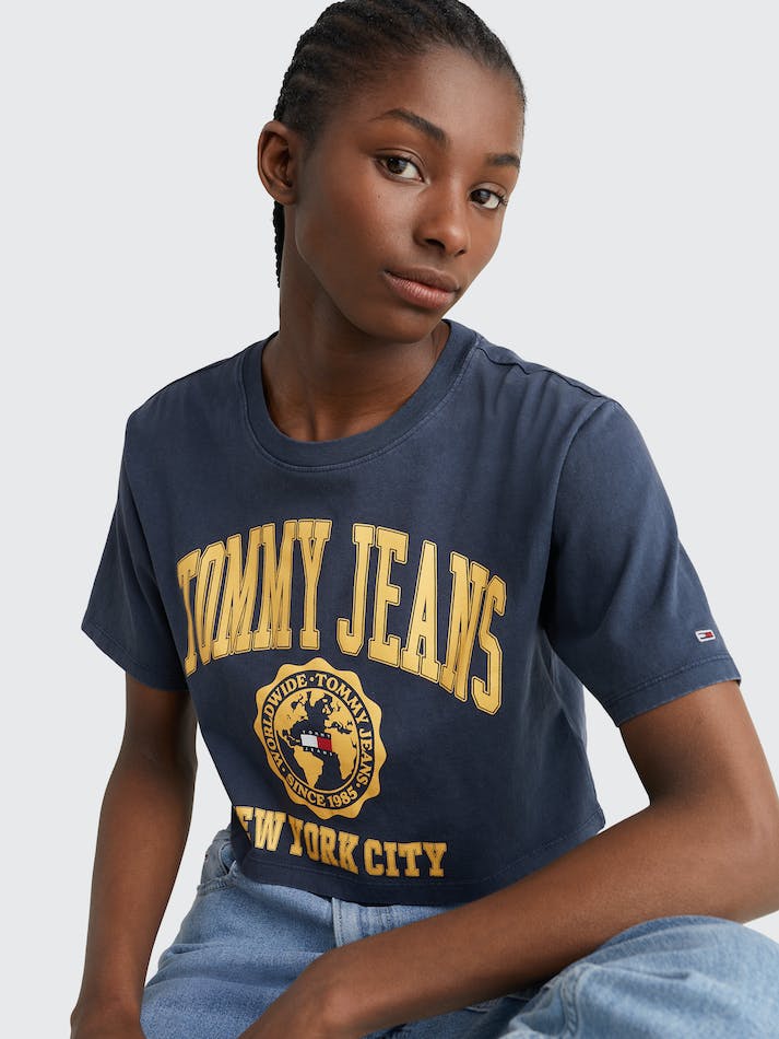 Tommy Jeans College Super Cropped Logo Women's T Shirts Navy | zsgoLU9BbQF0