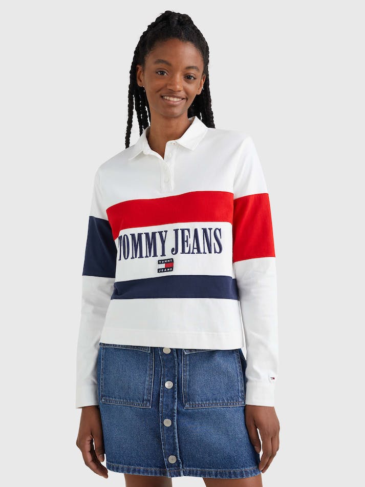 Tommy Jeans Colour-Block Oversized Long-Sleeved Women's Polo Shirts White / Multicolor | nY785S9HlwOE