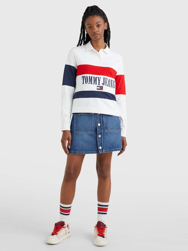 Tommy Jeans Colour-Block Oversized Long-Sleeved Women\'s Polo Shirts White / Multicolor | nY785S9HlwOE