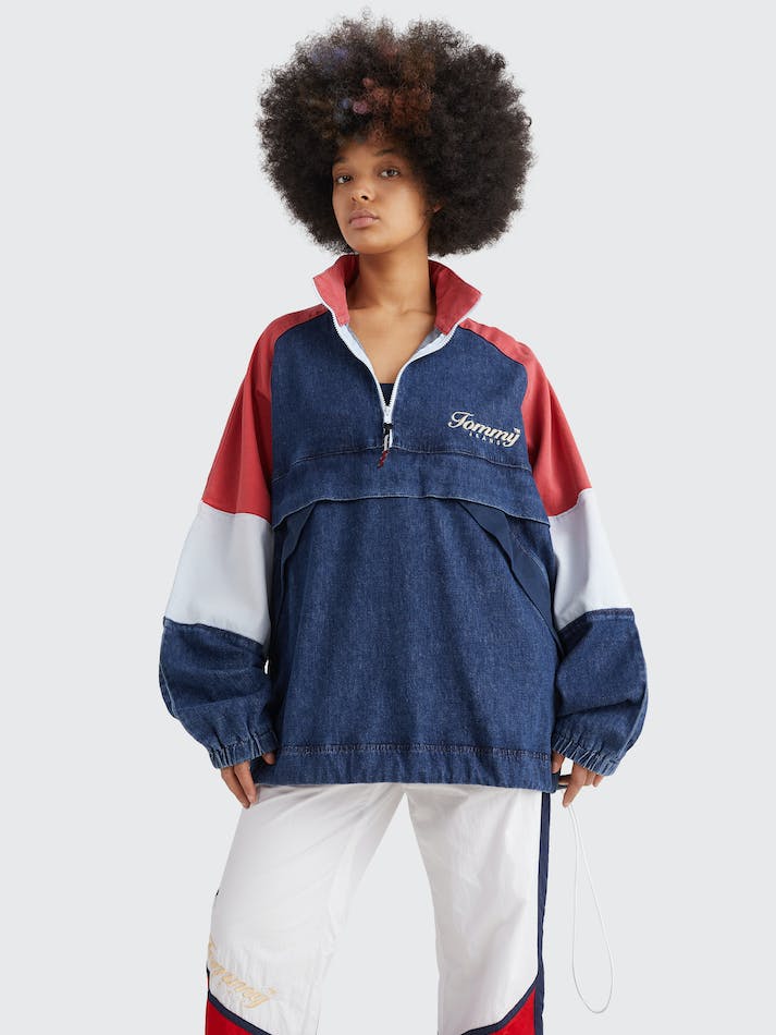 Tommy Jeans Colour-Blocked Denim Popover Women's Jackets Blue Dark | mXmPuqXAFsqu