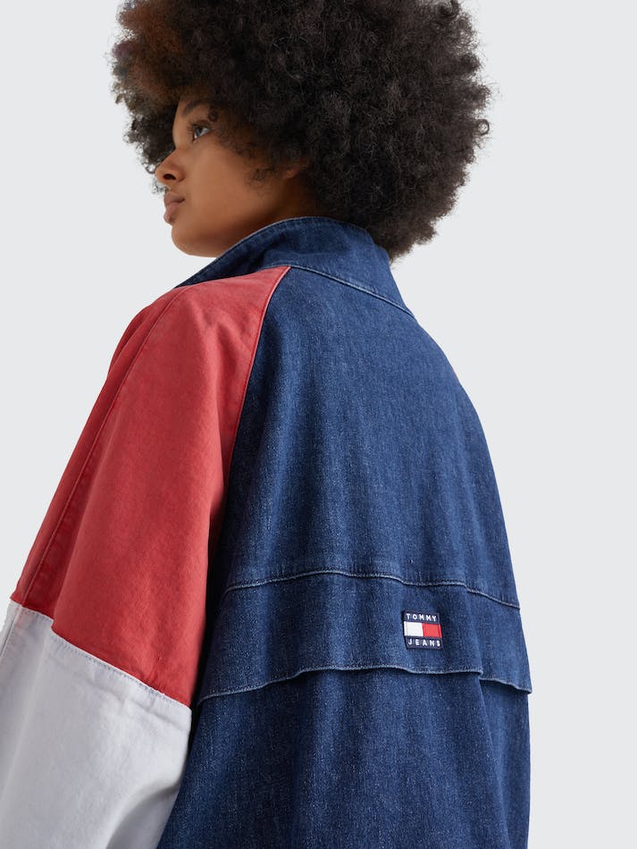 Tommy Jeans Colour-Blocked Denim Popover Women's Jackets Blue Dark | mXmPuqXAFsqu