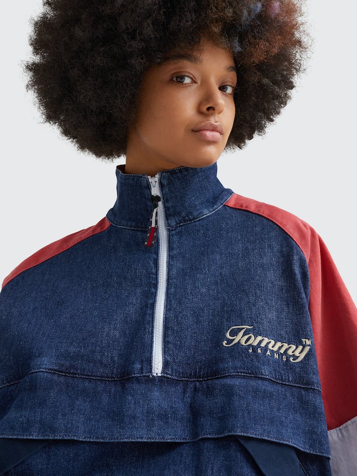 Tommy Jeans Colour-Blocked Denim Popover Women's Jackets Blue Dark | mXmPuqXAFsqu