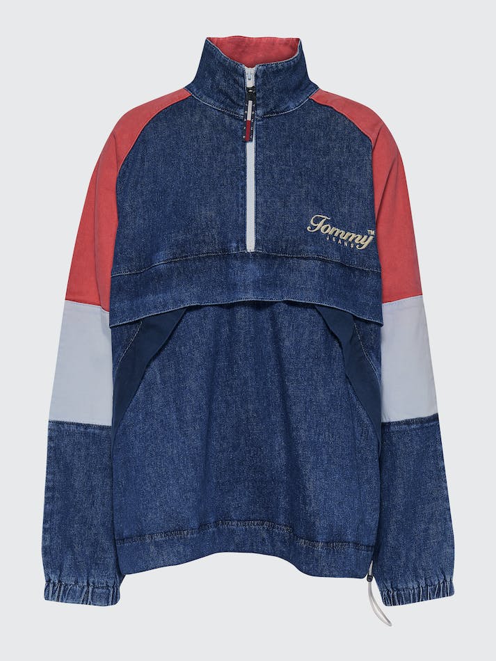 Tommy Jeans Colour-Blocked Denim Popover Women's Jackets Blue Dark | mXmPuqXAFsqu