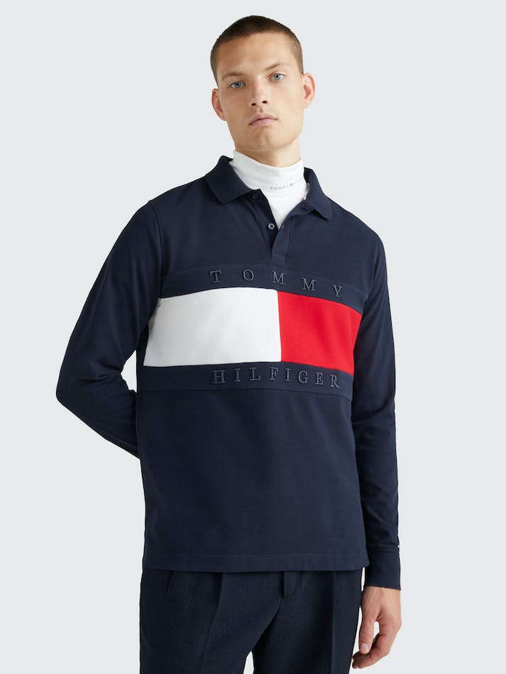 Tommy Hilfiger Colour-Blocked Flag Long Sleeve Men's Polo Shirts Blue | Lr5bhlS4whWu