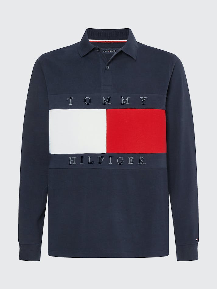 Tommy Hilfiger Colour-Blocked Flag Long Sleeve Men's Polo Shirts Blue | Lr5bhlS4whWu