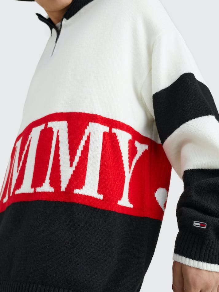 Tommy Jeans Colour-Blocked Intarsia Quarter-Zip Oversized Men's Jumpers White | qyEPkDp4FcSu