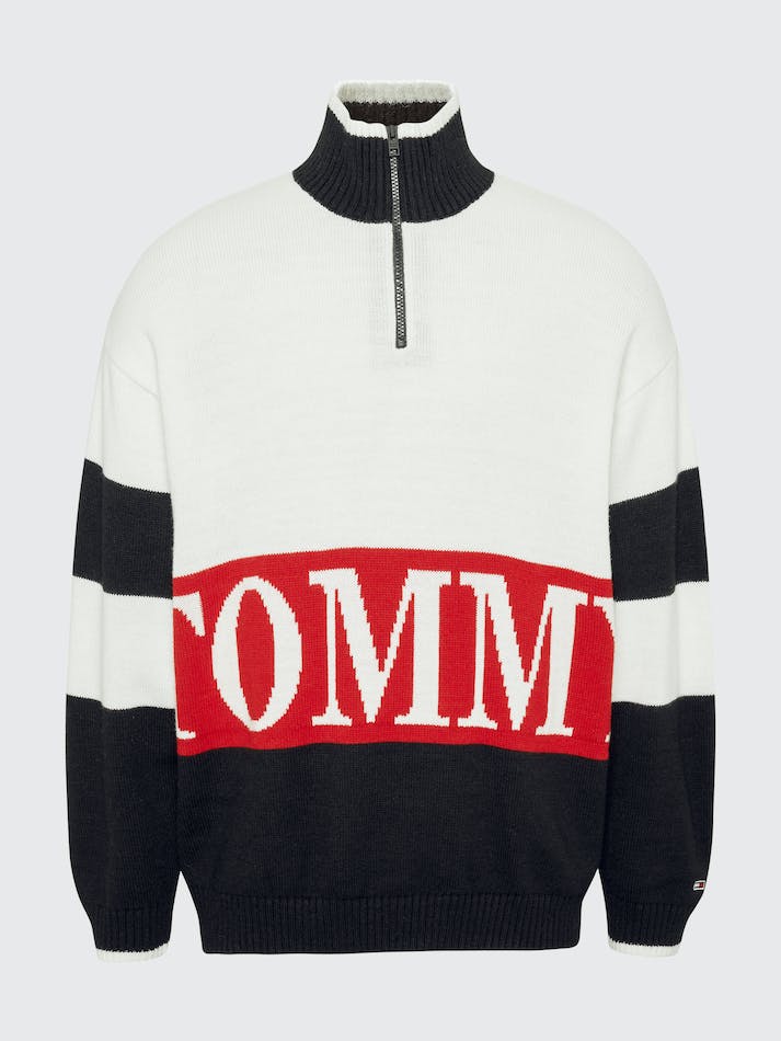 Tommy Jeans Colour-Blocked Intarsia Quarter-Zip Oversized Men's Jumpers White | qyEPkDp4FcSu