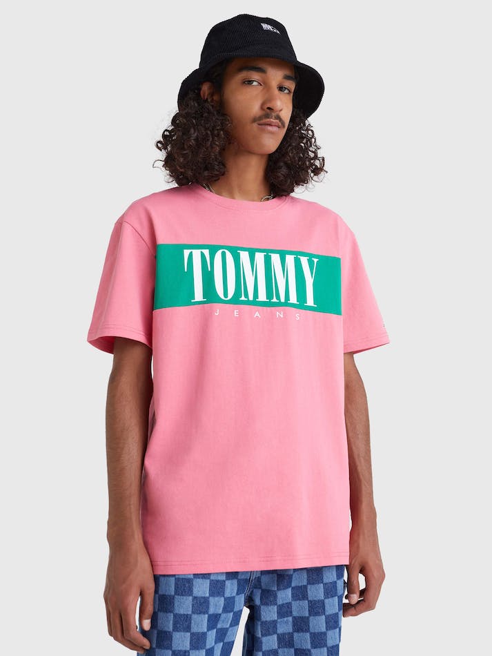 Tommy Jeans Colour-Blocked Logo Men's T Shirts Pink | yirMq5PECLuf