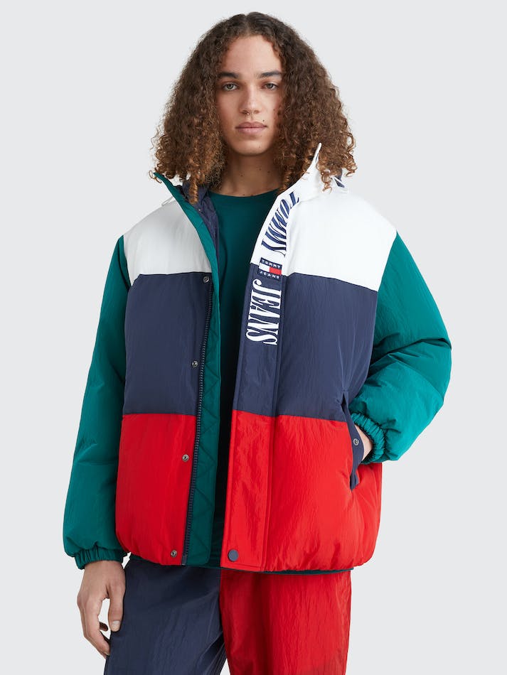 Tommy Jeans Colour-Blocked Oversized Hooded Puffer Men's Jackets White / Multicolor | IUBNbVrYRhx3