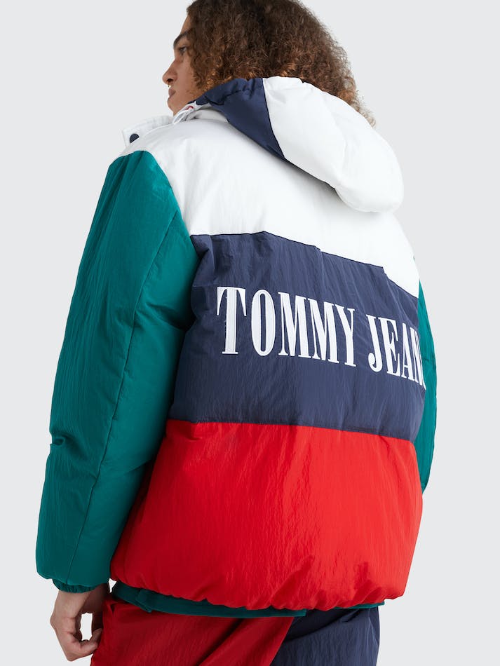 Tommy Jeans Colour-Blocked Oversized Hooded Puffer Men's Jackets White / Multicolor | IUBNbVrYRhx3