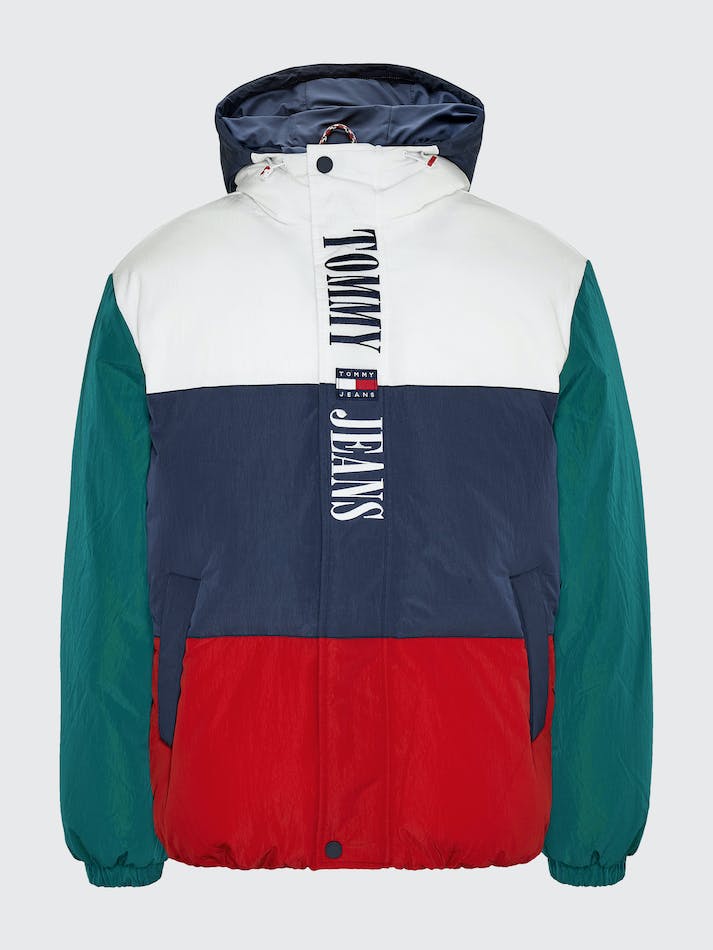 Tommy Jeans Colour-Blocked Oversized Hooded Puffer Men's Jackets White / Multicolor | IUBNbVrYRhx3