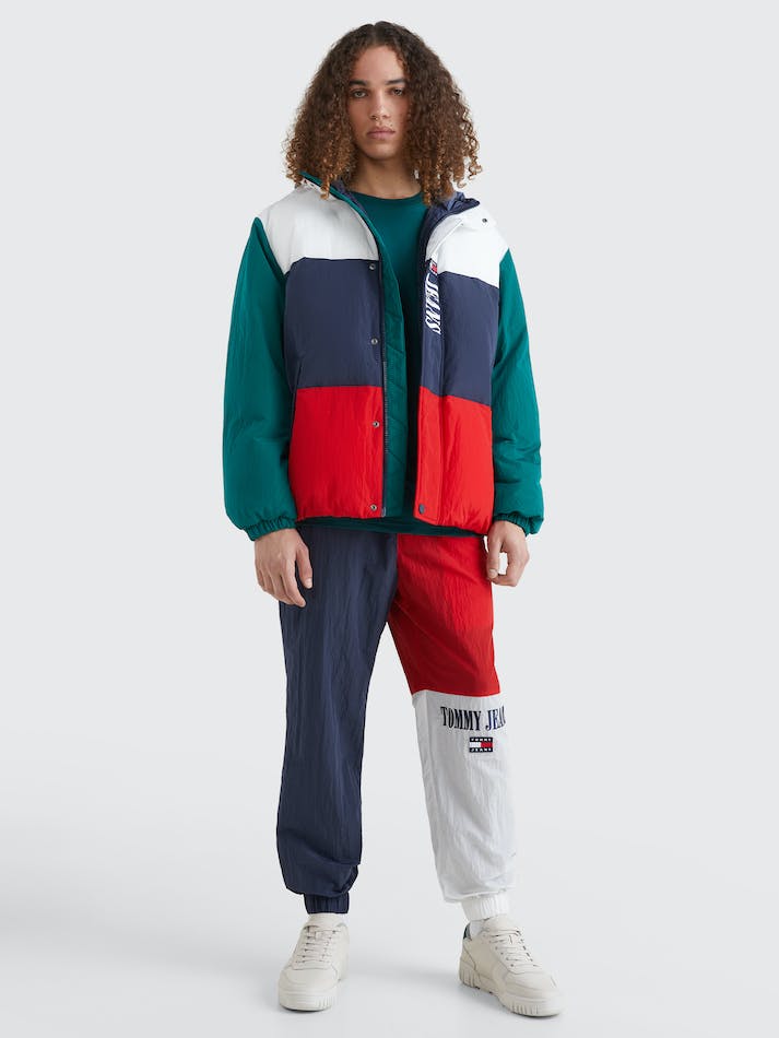 Tommy Jeans Colour-Blocked Oversized Hooded Puffer Men\'s Jackets White / Multicolor | IUBNbVrYRhx3