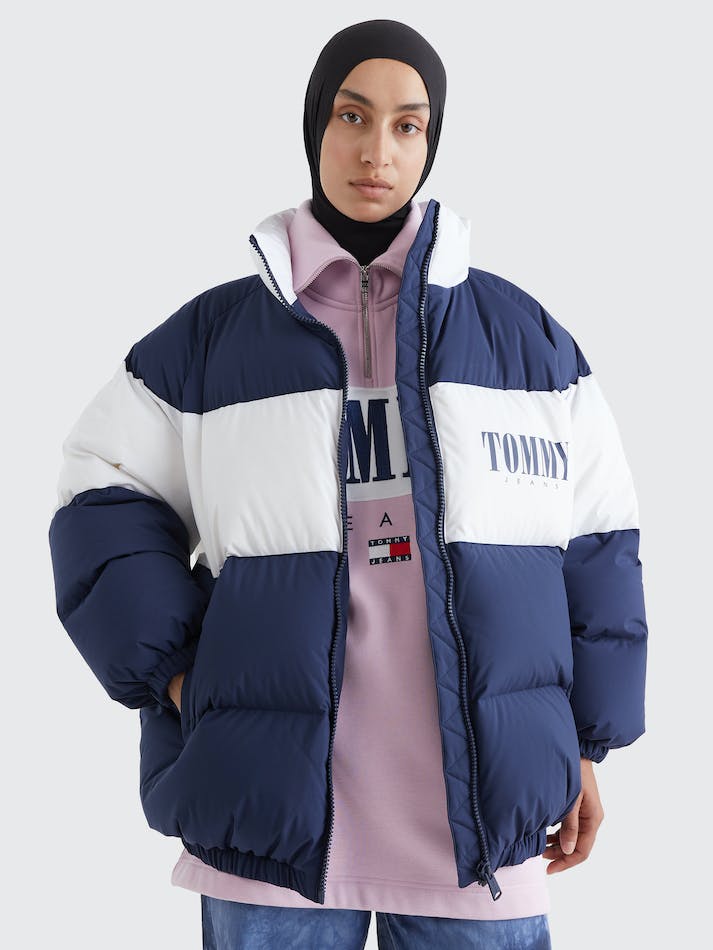 Tommy Jeans Colour-Blocked Oversized Puffer Women's Coats Navy | lI268glLGD3Q