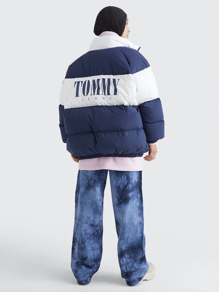 Tommy Jeans Colour-Blocked Oversized Puffer Women's Coats Navy | lI268glLGD3Q